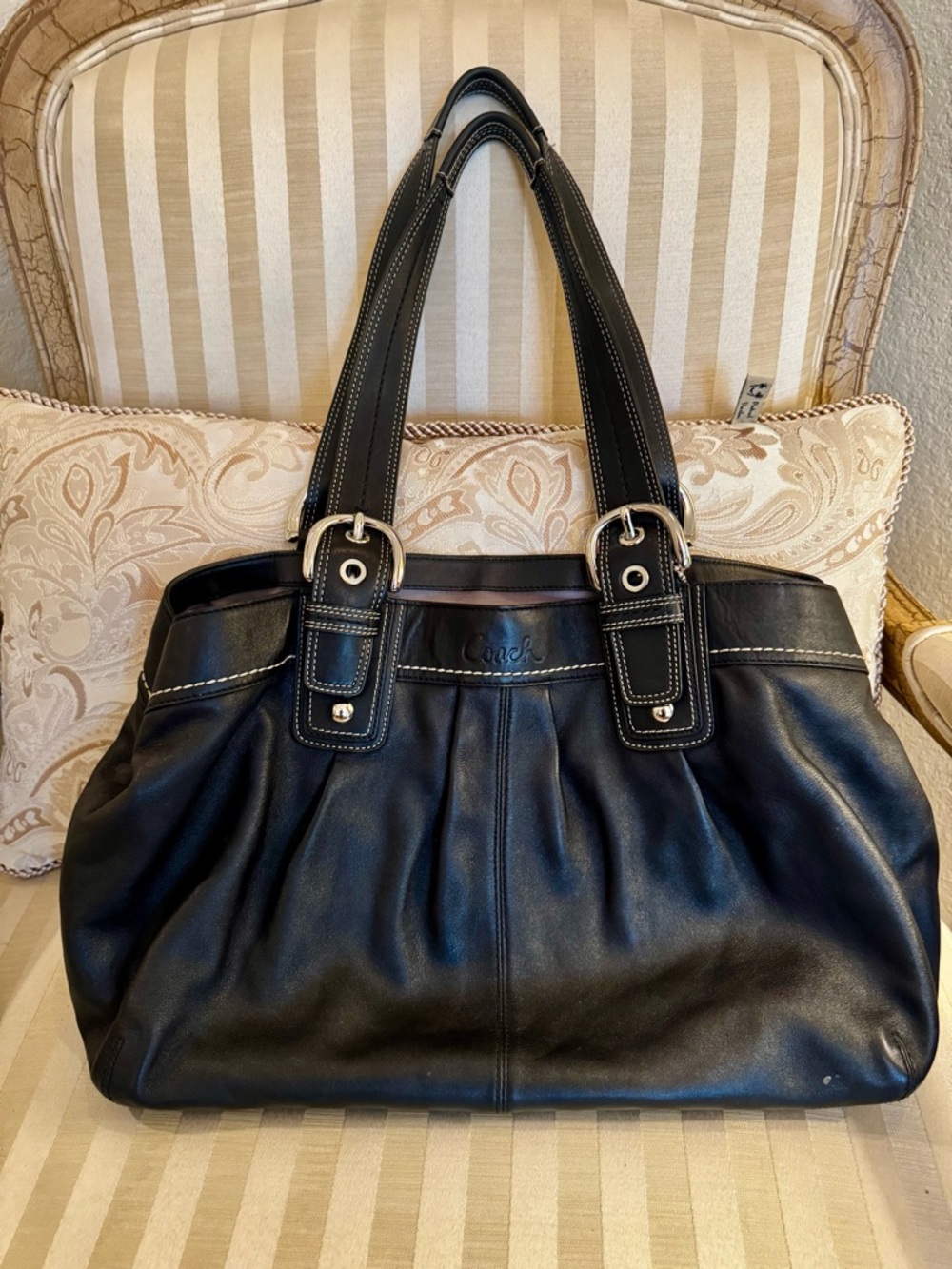 Coach Black Leather Shoulder Tote with Buckle-Strap Handles- Vintage
